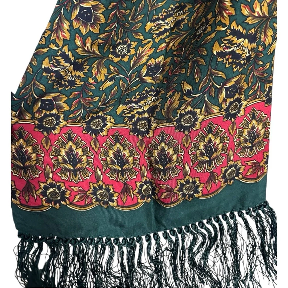 Basha 100% Silk Floral‎ Medallion Red Green Gold Scarf with Fringe 9.5x50